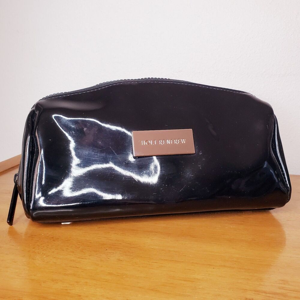 HOLT RENFREW Black Patent Leather Travel Bag Make UP Toiletry Zipper Gloss